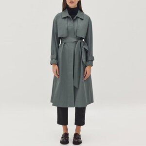NWT Love, Bonito Ivonne Twill A-line Midi Trench Coat in Bottle Green
